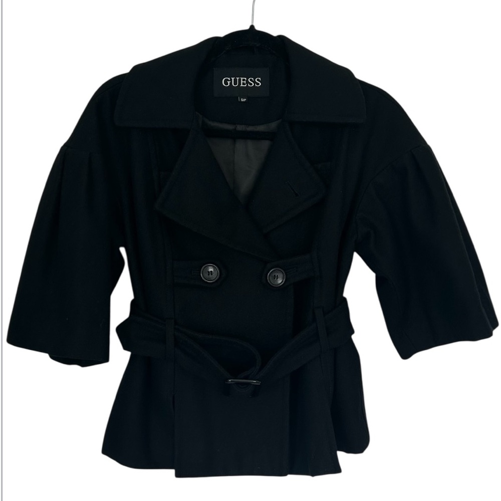 GUESS Women’s Dbl Breasted Pea Coat Black Wool Blend Cropped Belt 3/4 Sleeve S/P - Picture 2 of 14